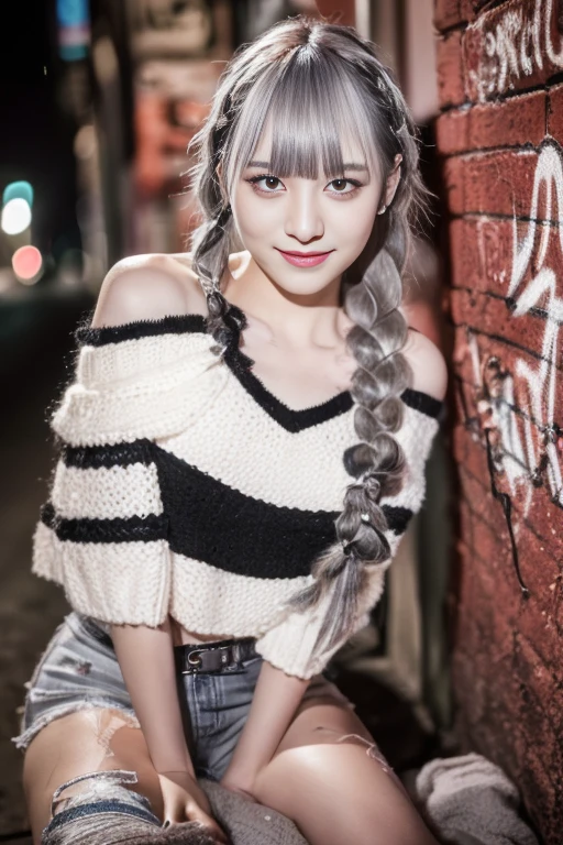 RAW Photos, 8k, (highest quality), sit、Realistic, (live-action, Intricate details), (Natural skin texture, Detailed skin, Hyperrealism, Sharpness), (Japanese teenage girl standing in a dirty back alley at night, graffitied wall:1.3, Sexy pose), ((White knit sweater, Off the shoulder, Black shorts)), (((Flat Chest:1.5))), (Pale skin:1.2), ((Gray Hair, Braid, Blunt bangs)), (Fascinating face, Provocative look, Lips parted:1.3), thigh, graffiti:1.5, trash can, at night, Spot lighting:1.3, Full Body Shot