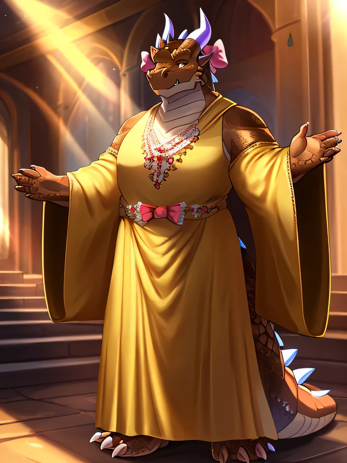 detailed, beautiful, masterpiece, HDR, fantasy setting, (yellow dress with long wide sleeves and bows:1.5), very frilly dress over armor, princess dress, party dress, dragon, anthro, male, male full body, (shiny light brown scales:1.9), (two long thin horns:1.3), detailed eyes, fat body, fat dragonborn, confident majestic pose, finger copper claws, neutral facial expression,