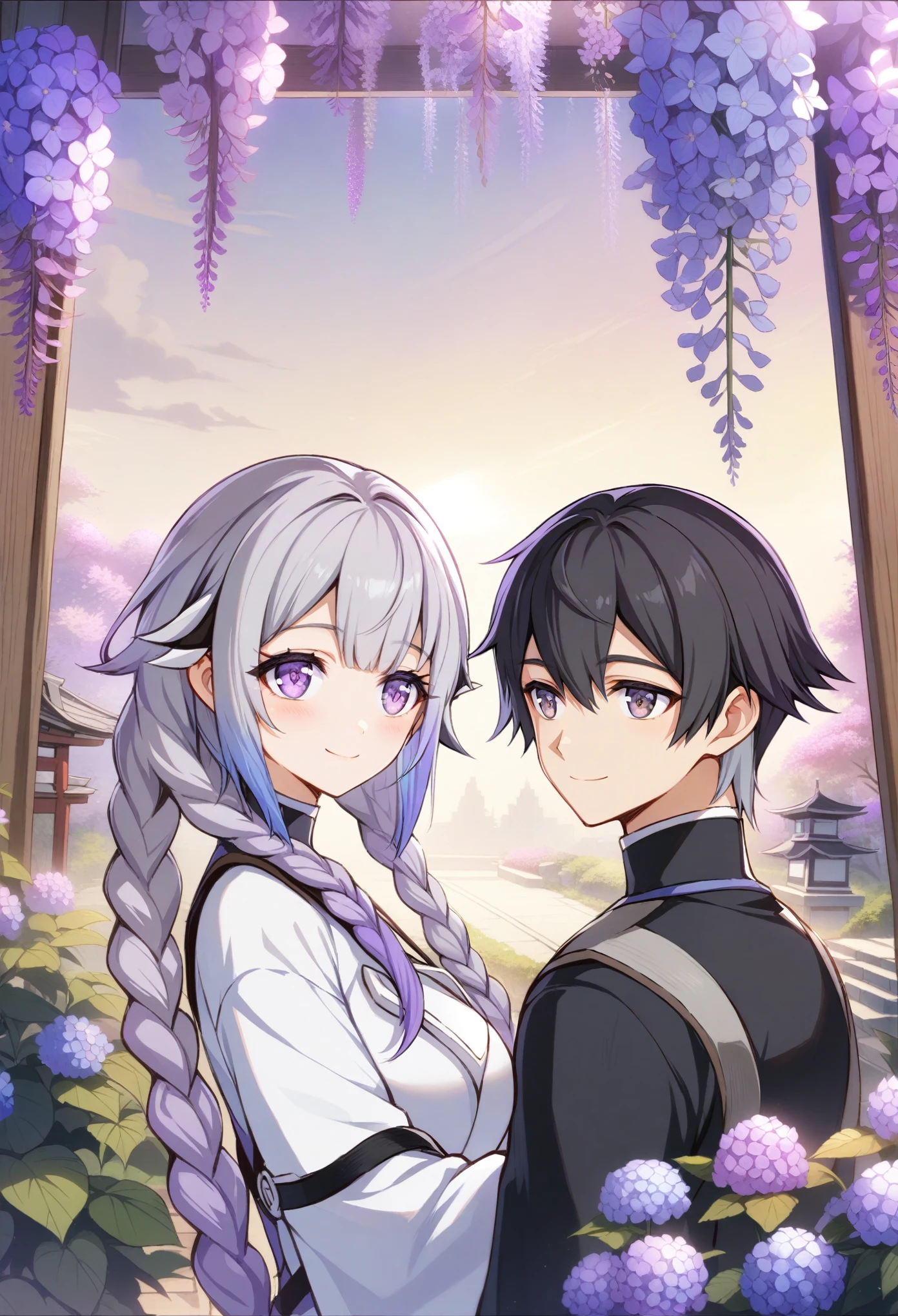 a couple, in style of makoto shinkai, 1girl and 1male, smile,yinji,1girl,delicate face,(twin braids),purple_hair,purple_eyes,very_long_hair,grey_hair,braided_ponytail,gradient_hair,BREAK 1male,( black hair,short hair,male has Side Part haircut), shirt,(Red pupils), the sun set, city landscape over  the window, The style blends realism and anime with detailed character designs and realistic environmental elements. Masterpiece, highly detailed, intricate textures, soft lighting, realistic environment, anime style,  serene mood,Wallpaper Fusion, dappled sunlight, day, flower, hydrangea, leaf, light rays, nature, outdoors, path, plant, purple flower, scenery, stairs, sunlight, torii, tree, wisteria