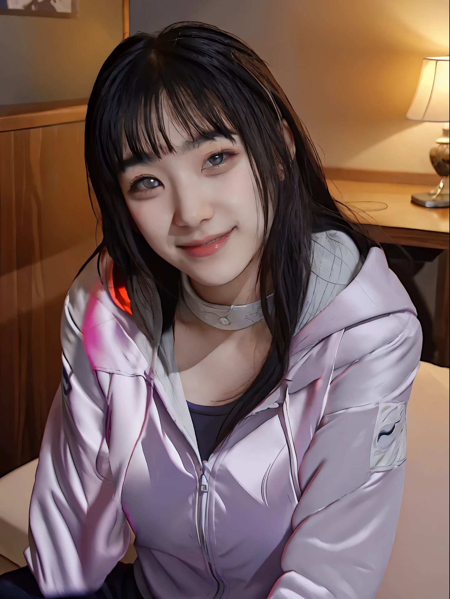 masuter piece, Best Quality, 超A high resolution, top-quality, Anime style, The best lighting, Beautiful face, Beautiful fece, ​masterpiece, top-quality, extra detailed face, Perfect litthing, 1girl in, Hinata, hyuga hyuga, bangss, empty_Eyes, Black_hair, blunt_Bangs, grey  eyes, Gray sleeves, head band_Around_Neck, Hi-Res, hime-cut, Hooded_Cardigan, long-sleeve, up looking_in_viewer, flower petals, A smile, solo, straight haired, hooded jacket, the perfect body, Sit on a chair