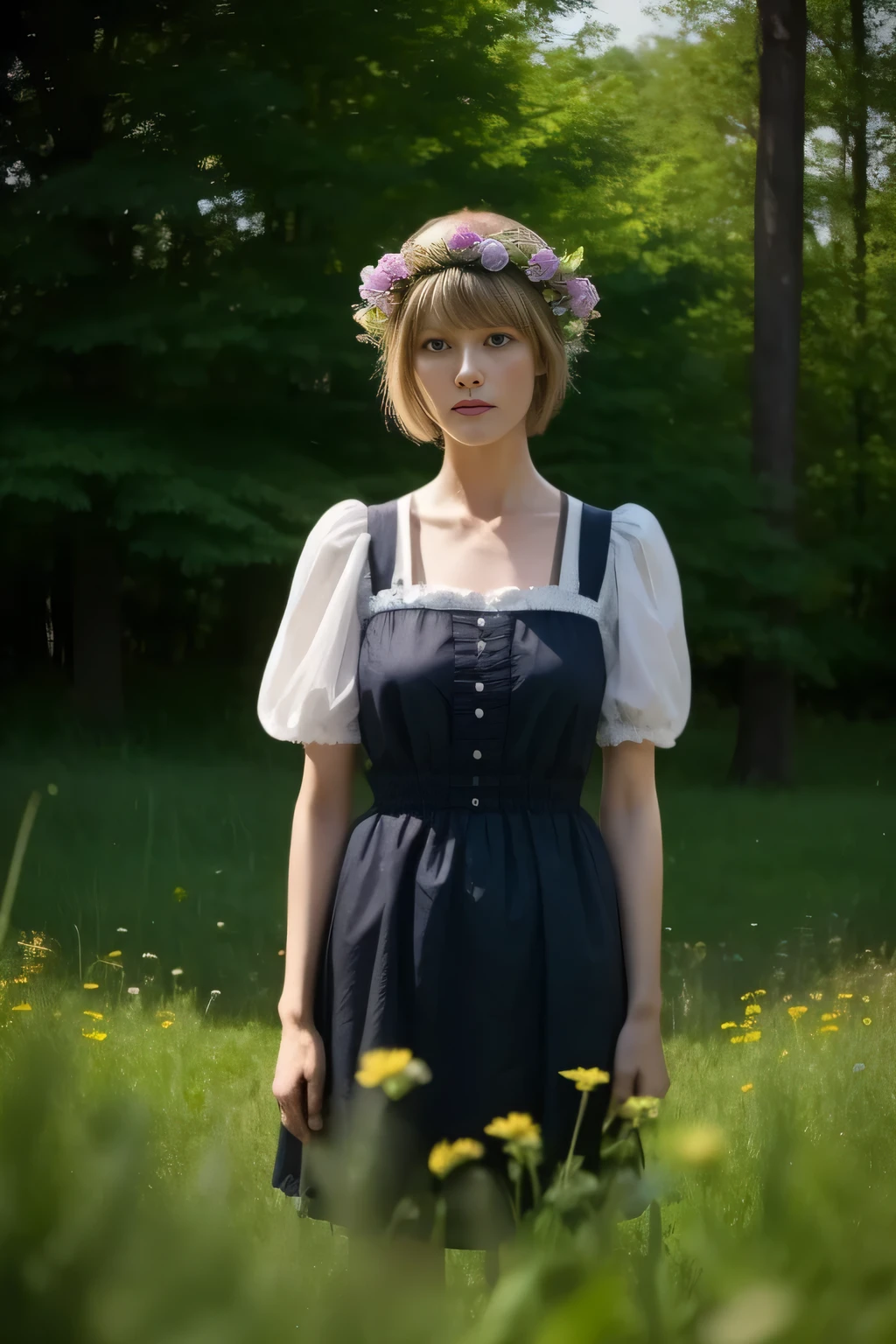 (masterpiece, highest quality), Absurd, View Viewer, alone, Rita Rossweisse ,(A Midsummer Night's Dream), Rita Rossweisse, shirt, pantyhose, Red Rose, Red eyes, Blonde Hair, Long sleeve, Mole under the eye, Hair on one eye, frilled shirt, white shirt, Captivating smile, (Ulzzang-6500:0.8), Long Hair, Day, Outdoor black pantyhose,
