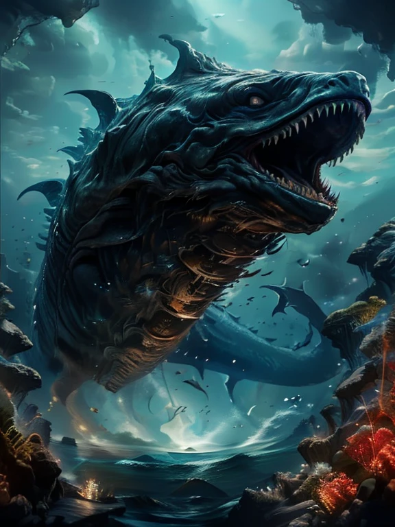 Black monster leviathan with big fins, swimming in the deep open ocean, dark open ocean background, dramatic lighting, epic fantasy, dramatic colors, dramatic composition, dramatic atmosphere, fantasy art