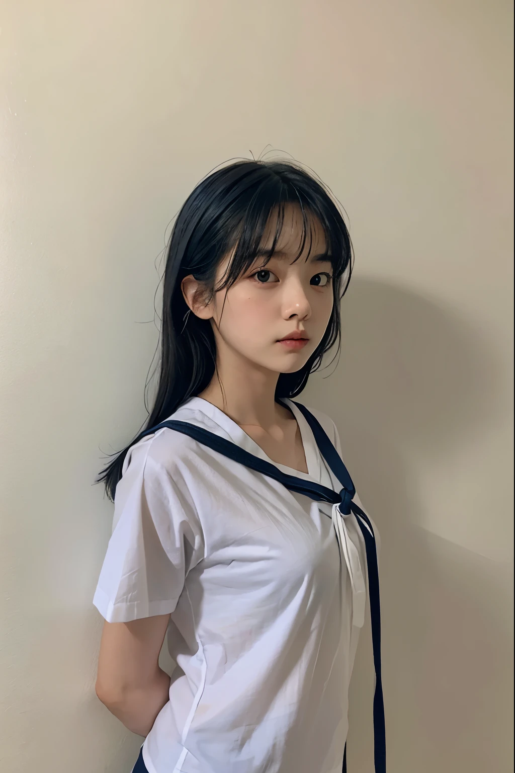 A cute girl who has been and tied up、Beauty、Make your eyes even、My hands are tied with ropes、Inside the hotel room、White short-sleeved shirt、Navy blue tanding in front of a wall、Age 25、Medium build、Like real life、highest quality、