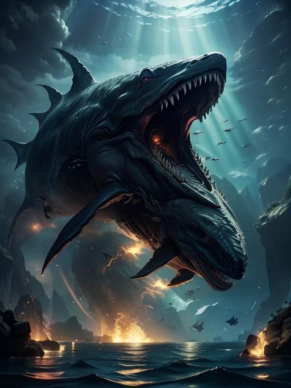 Black monster leviathan with big fins, swimming in the deep open ocean, dark open ocean background, dramatic lighting, epic fantasy, dramatic colors, dramatic composition, dramatic atmosphere, fantasy art