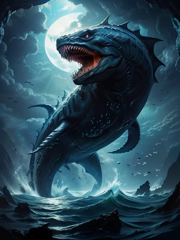 Black marine ocean monster with big fins, swimming in the deep open ocean, dark open ocean background, dramatic lighting, epic fantasy, dramatic colors, dramatic composition, dramatic atmosphere, fantasy art
