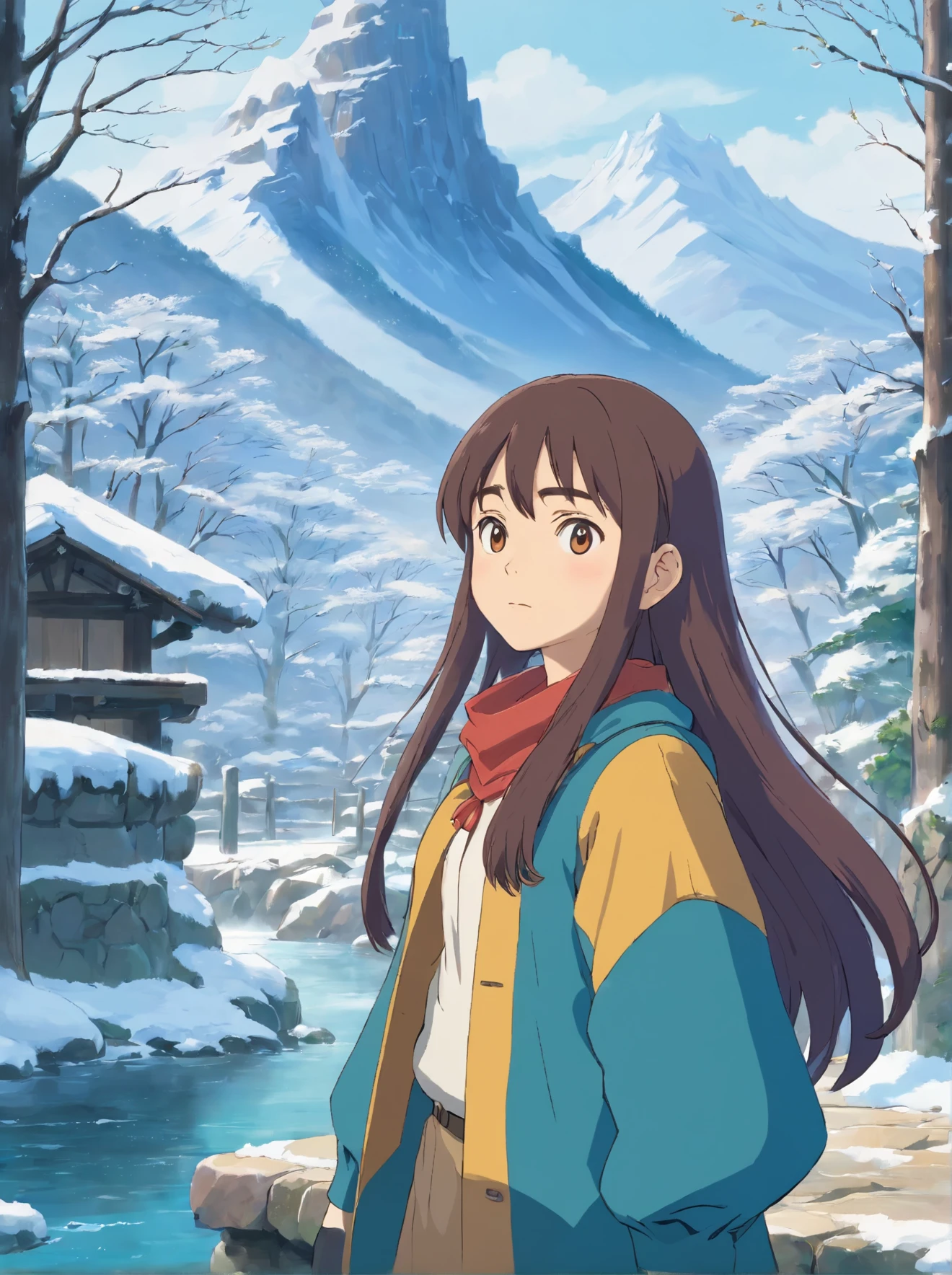 portrait, (masterpiece), (best quality:1.4), absurdness, [:intricate details1.5], 1girl, perfect face, tree, snow, solo, outdoors, water, mountain, waterfall, winter outfit, long hair, scenery, winter, lake, (looking at viewer:1.4), day, sky, reflection, k, ULTRAHD,