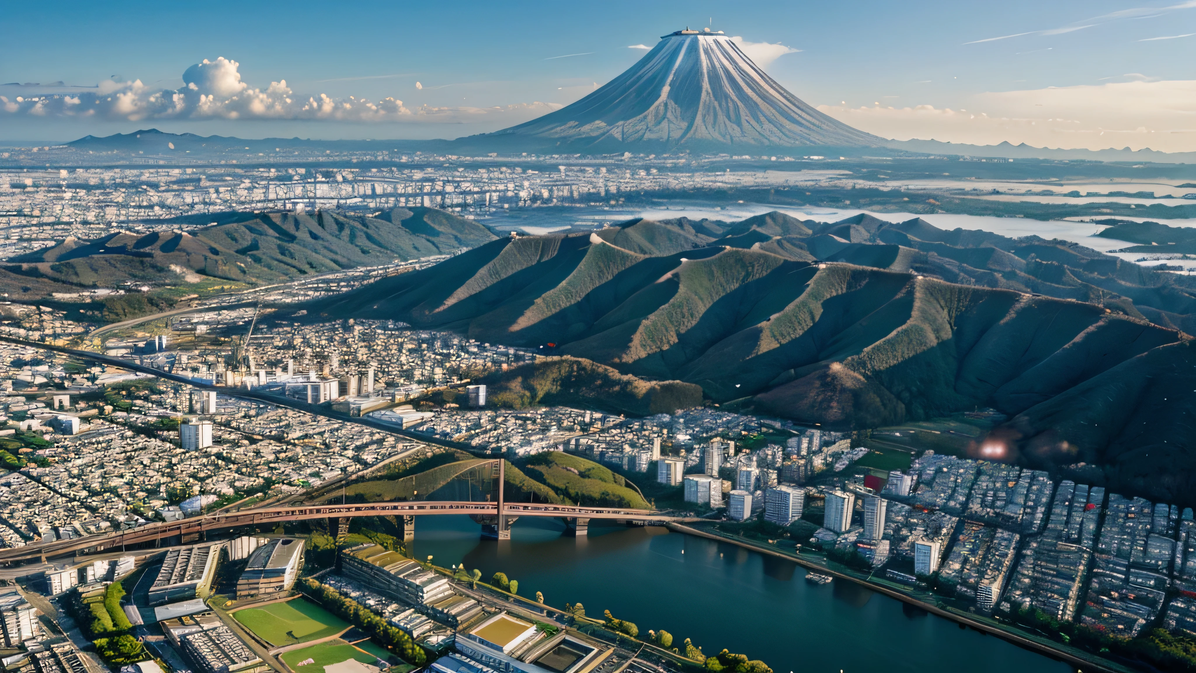 me crie uma imagem de uma cidade japonesa, uma cidade normal, e no fundo montanhas belissimas e nas montanhas um templo em volta quero sem uma montanha branca gigante no fundo