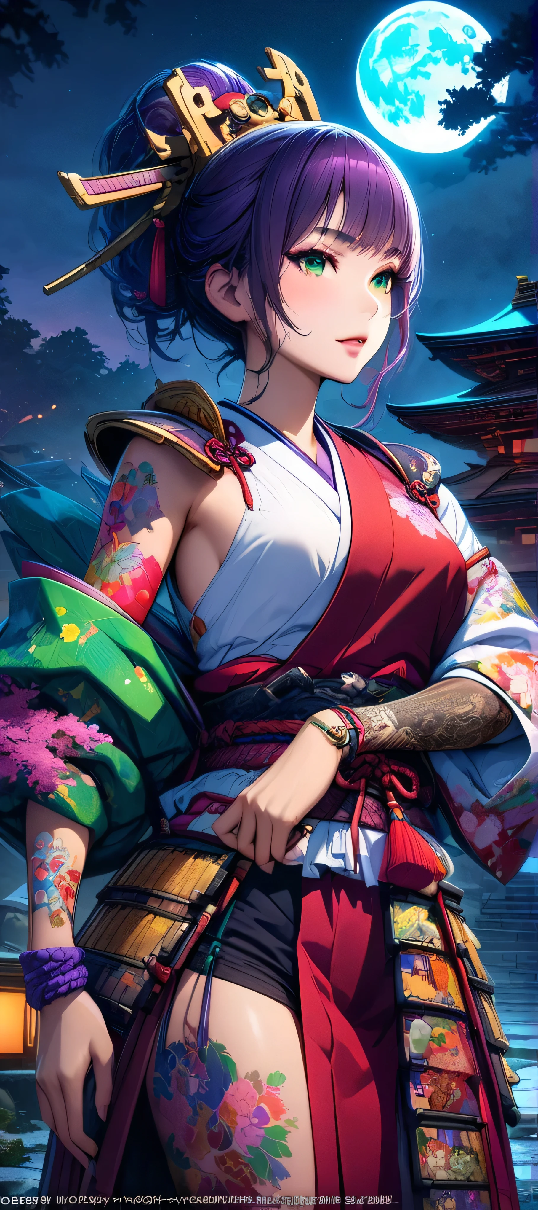 (masutepiece, of the highest quality, Best Quality, Official art, Beautiful and aesthetic:1.2), Extremely detailed,(Colorful:1.1),highest details, one arafed woman with purple hair and green eyes, japanese tattoo sleeve on her right arm, samurai armor, sfw, japanese temple, night, blue moon