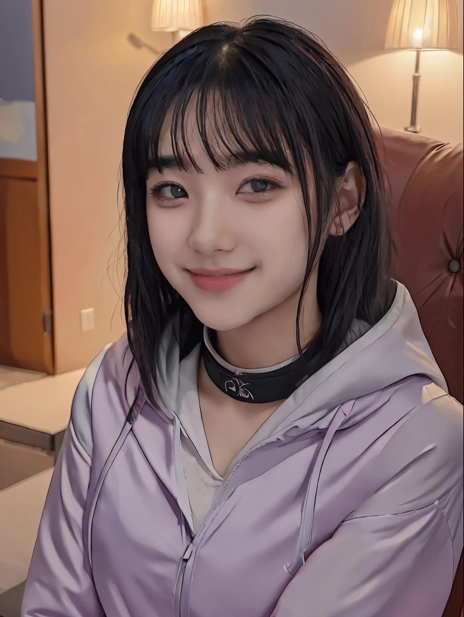 masuter piece, Best Quality, 超A high resolution, top-quality, Anime style, The best lighting, Beautiful face, Beautiful fece, masterpiece, top-quality, extra detailed face, Perfect litthing, 1girl in, Hinata, hyuga hyuga, bangss, empty_Eyes, Black_hair, blunt_Bangs, grey eyes, Gray sleeves, head band_Around_Neck, Hi-Res, hime-cut, Hooded_Cardigan, long-sleeve, up looking_in_viewer, flower petals, A smile, solo, straight haired, hooded jacket, the perfect body, Sit on a chair