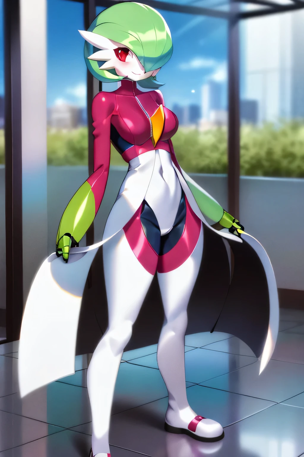 masterpiece, best quality, 1 girl, solo, gardevoir, creatures \(company\), game freak, nintendo, pokemon, pokemon \(game\), bangs, colored skin, female focus, flat chest, pokemon gen 3, hair green, faded hair, green skin, hair over one eye, multi-colored skin, pokemon \(creature\), red eyes, short hair, two-tone skin, white skin, masterpiece, best quality, ultra-detailed, extremely detailed, illustration, 1 girl, alone, kula diamond, medium breasts, looking at viewer, blush, smile, cowboy photo, city, blue sky, standing, full body