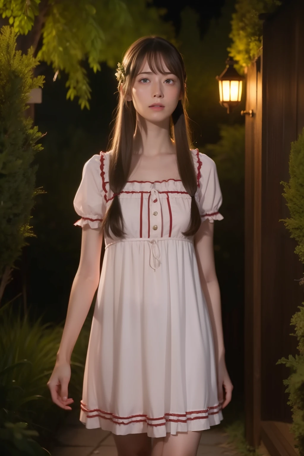 (masterpiece, highest quality), Absurd, View Viewer, alone, rossweisse ,(A Midsummer Night's Dream), The perfect real Japanese, shirt, pantyhose, Red Rose, Clear black eyes, Brown Hair, Long sleeve, Mole under the eye, Hair on one eye, frilled shirt, white shirt, Captivating smile, (Ulzzang-6500:0.8), Long Hair, star,Supermodel, Professional photos,