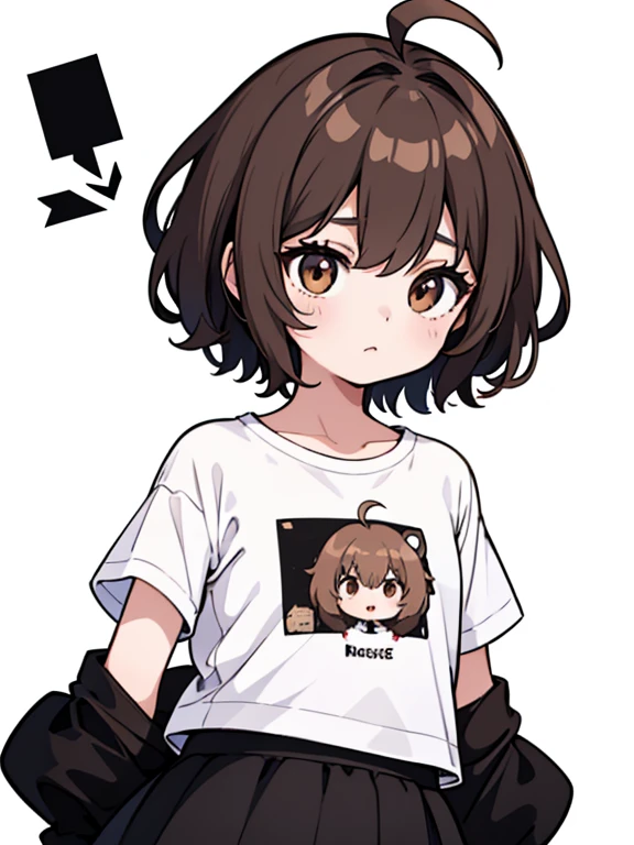 1 Girl, One, Brown eyes, (Detailed eyes), flat chest, short hair, shaggy brown hair, ahoge, ((White T-shirt)), plain t-shirt, black skirt, black socks, standing, Upper body, (White background), transparent background, looking down, ((masterpiece, illustration, Best quality))