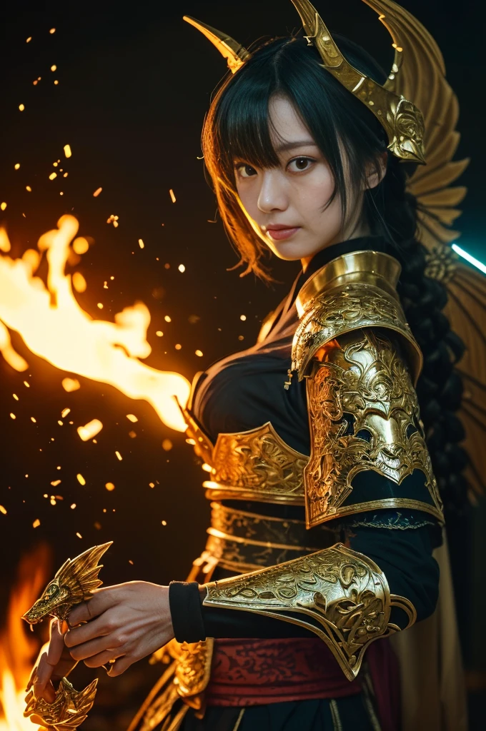 (((Realistic, masterpiece, highest quality, Sharp details, High resolution, High detail, Extremely rich in details, Sharp focus, Sharp details, colorful, Perfect studio lighting))), ((20-year-old goddess, kasumi arimura, flight, floating)),(((in the middle of a war, Epic war scenes))), wear (((Beautifully decorated golden heavy armor, Dragon Armor, Decorated full body armor, Fully armed in beautiful kimono, Wide golden wings))), (flight, floating, attack posture, Have a fantasy weapon, Blood splattered face, Tears of Blood, Blood Bath, Blood shed), (((Fire everywhere, Covered in blood, Death is everywhere, japan bakumatsu period, cadaver,cadaver,Burned down Japanese castle,Hellish,chaos)) Traditional village background)