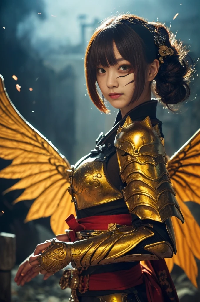 (((Realistic, masterpiece, highest quality, Sharp details, High resolution, High detail, Extremely rich in details, Sharp focus, Sharp details, colorful, Perfect studio lighting))), ((20-year-old goddess, kasumi arimura, flight, floating)),(((in the middle of a war, Epic war scenes))), wear (((Beautifully decorated golden heavy armor, Dragon Armor, Decorated full body armor, Fully armed in beautiful kimono, Wide golden wings))), (flight, floating, attack posture, Have a fantasy weapon, Blood splattered face, Tears of Blood, Blood Bath, Blood shed), (((Fire everywhere, Covered in blood, Death is everywhere, japan bakumatsu period, cadaver,cadaver,Burned down Japanese castle,Hellish,chaos)) Traditional village background)