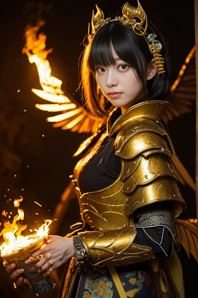 (((Realistic, masterpiece, highest quality, Sharp details, High resolution, High detail, Extremely rich in details, Sharp focus, Sharp details, colorful, Perfect studio lighting))), ((20-year-old goddess, kasumi arimura, flight, floating)),(((in the middle of a war, Epic war scenes))), wear (((Beautifully decorated golden heavy armor, Dragon Armor, Decorated full body armor, Fully armed in beautiful kimono, Wide golden wings))), (flight, floating, attack posture, Have a fantasy weapon, Blood splattered face, Tears of Blood, Blood Bath, Blood shed), (((Fire everywhere, Covered in blood, Death is everywhere, japan bakumatsu period, cadaver,cadaver,Burned down Japanese castle,Hellish,chaos)) Traditional village background)