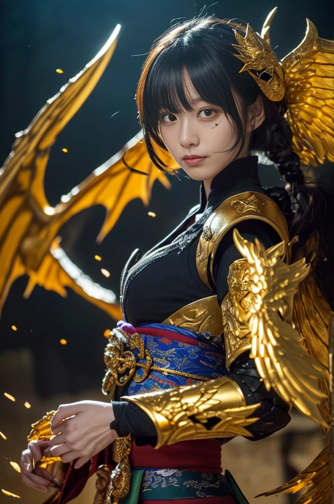 (((Realistic, masterpiece, highest quality, Sharp details, High resolution, High detail, Extremely rich in details, Sharp focus, Sharp details, colorful, Perfect studio lighting))), ((20-year-old goddess, kasumi arimura, flight, floating)),(((in the middle of a war, Epic war scenes))), wear (((Beautifully decorated golden heavy armor, Dragon Armor, Decorated full body armor, Fully armed in beautiful kimono, Wide golden wings))), (flight, floating, attack posture, Have a fantasy weapon, Blood splattered face, Tears of Blood, Blood Bath, Blood shed), (((Fire everywhere, Covered in blood, Death is everywhere, japan bakumatsu period, cadaver,cadaver,Burned down Japanese castle,Hellish,chaos)) Traditional village background)