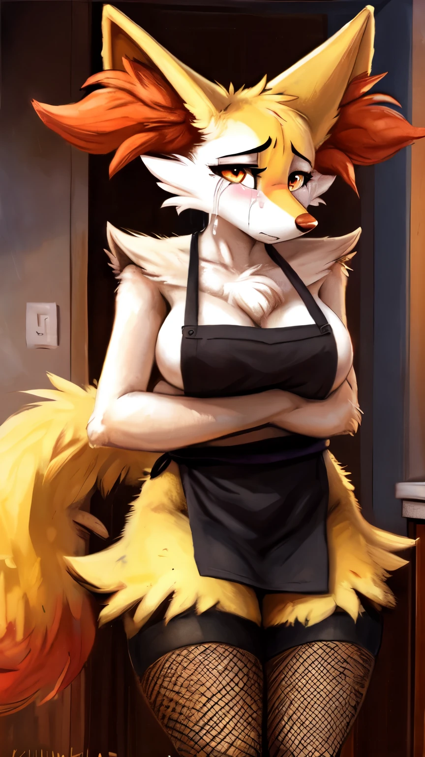 [by fluff-kevlar|Zackary911:0.5], (by Kenket|by Kilinah), Furry, braixen, Anthro, Female, (half-closed eyes), (orange eyes), (medium breasts, hips), (Fishnet stockings), ((embarassed)), ((shy)), blush, (annoyed), ((sad)), ((depressed)), ((crying hard)), looking at the viewer, ((mental breakdown)), naked apron, kitchen, looking at viewer, front view, (arm under breasts)