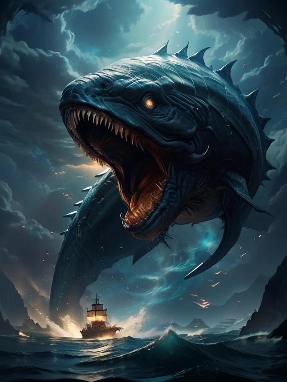 Black marine ocean monster with big fins, big arms, dark open ocean background, dramatic lighting, epic fantasy, dramatic colors, dramatic composition, dramatic atmosphere, fantasy art