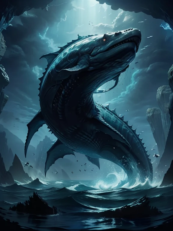 Black marine ocean monster with big fins, big arms, dark open ocean background, dramatic lighting, epic fantasy, dramatic colors, dramatic composition, dramatic atmosphere, fantasy art