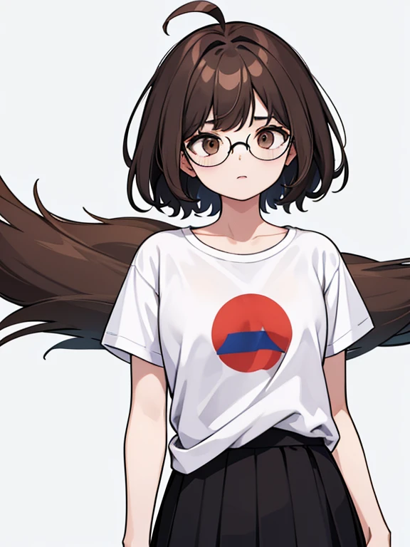 1 Girl, One, Brown eyes, glasses with lenses, (Detailed eyes), плоская грудь с крупными standingчими сосками, short hair, shaggy brown hair, ahoge, ((White T-shirt)), plain t-shirt, black skirt, black socks, standing, Upper body, (White background), transparent background, looking down, ((masterpiece, illustration, Best quality))