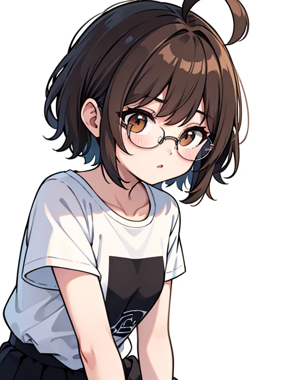 1 Girl, One, Brown eyes, glasses with lenses, (Detailed eyes), плоская грудь с крупными standingчими сосками, short hair, shaggy brown hair, ahoge, ((White T-shirt)), plain t-shirt, black skirt, black socks, standing, Upper body, (White background), transparent background, looking down, ((masterpiece, illustration, Best quality))