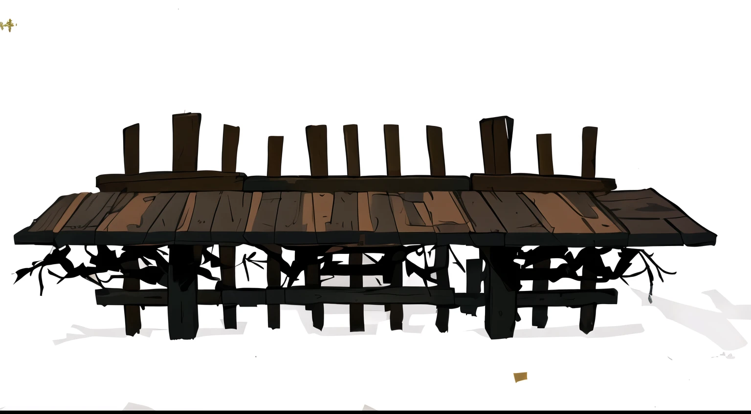 there is a wooden table with a bunch of chairs, Ponte da Vinha danificada, fundo de espinho. d&d, Ponte de madeira, inside borda estilizada, borda estilizada, fortemente estilizado, Pequena cerca, ativo do jogo, pintado como uma arte conceitual de jogo, rough cerca de madeira, sem textura, cerca de madeira, doca pequena, textura do jogo, fortaleza de madeira da parede