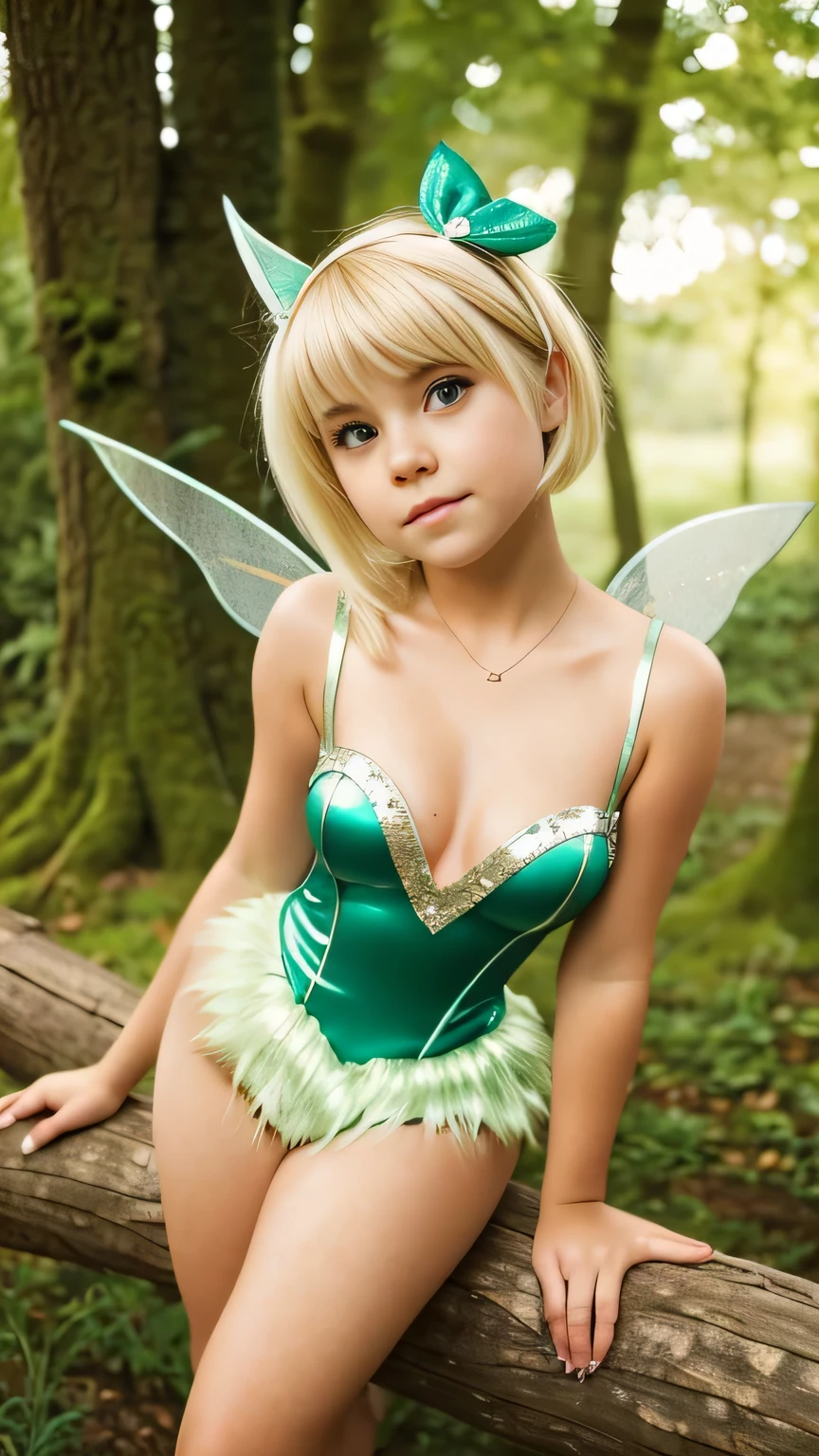 A cute 12 year old girl in a short tinkerbell costume, steht auf einem harten Holzboden, aufgenommen von oben, while she looks confused into the camera. Blonde pixie cut, curvy body,