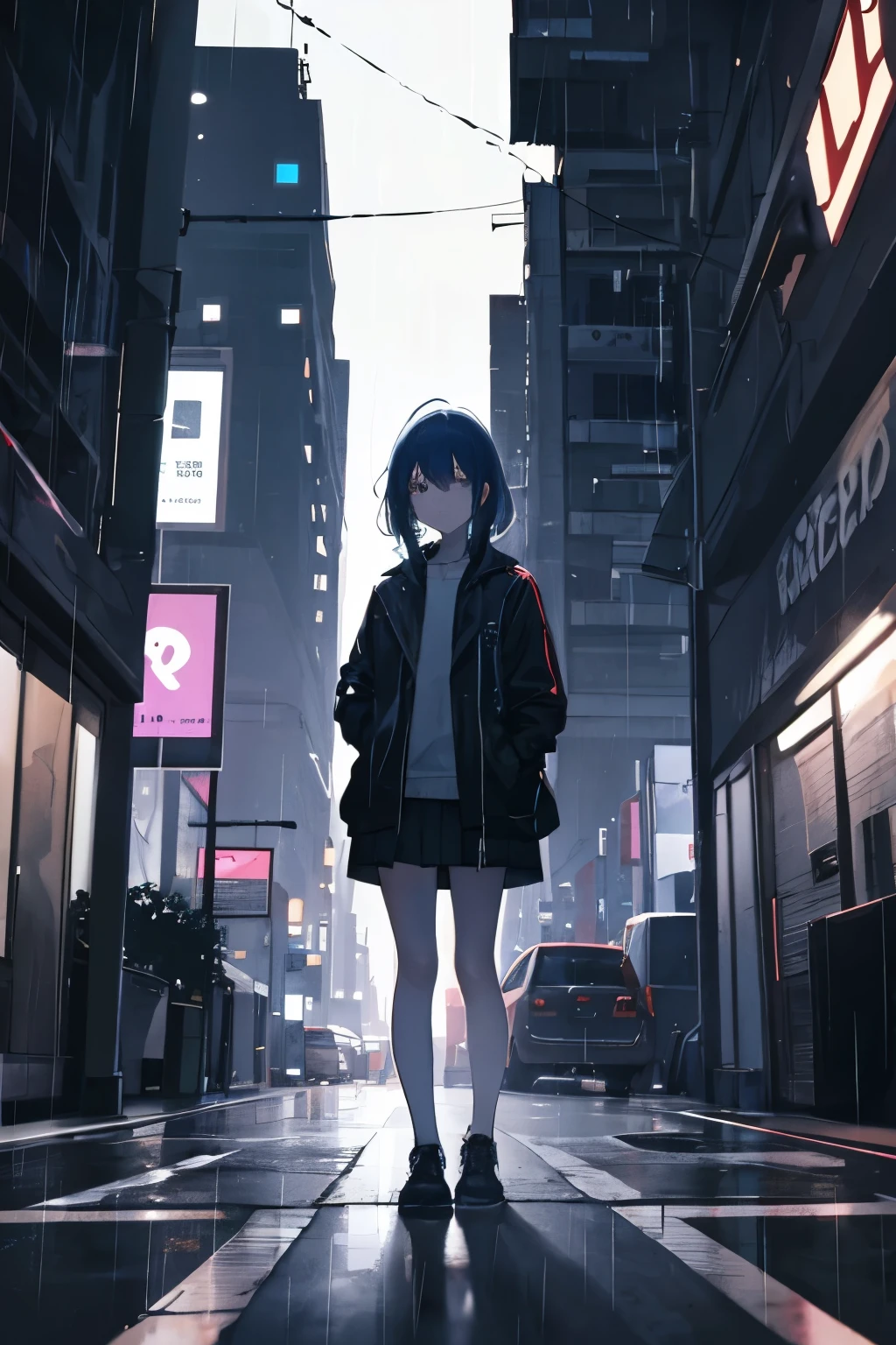 A depressed young girl in a jacket stands in a night city in which it is raining 1920x1080