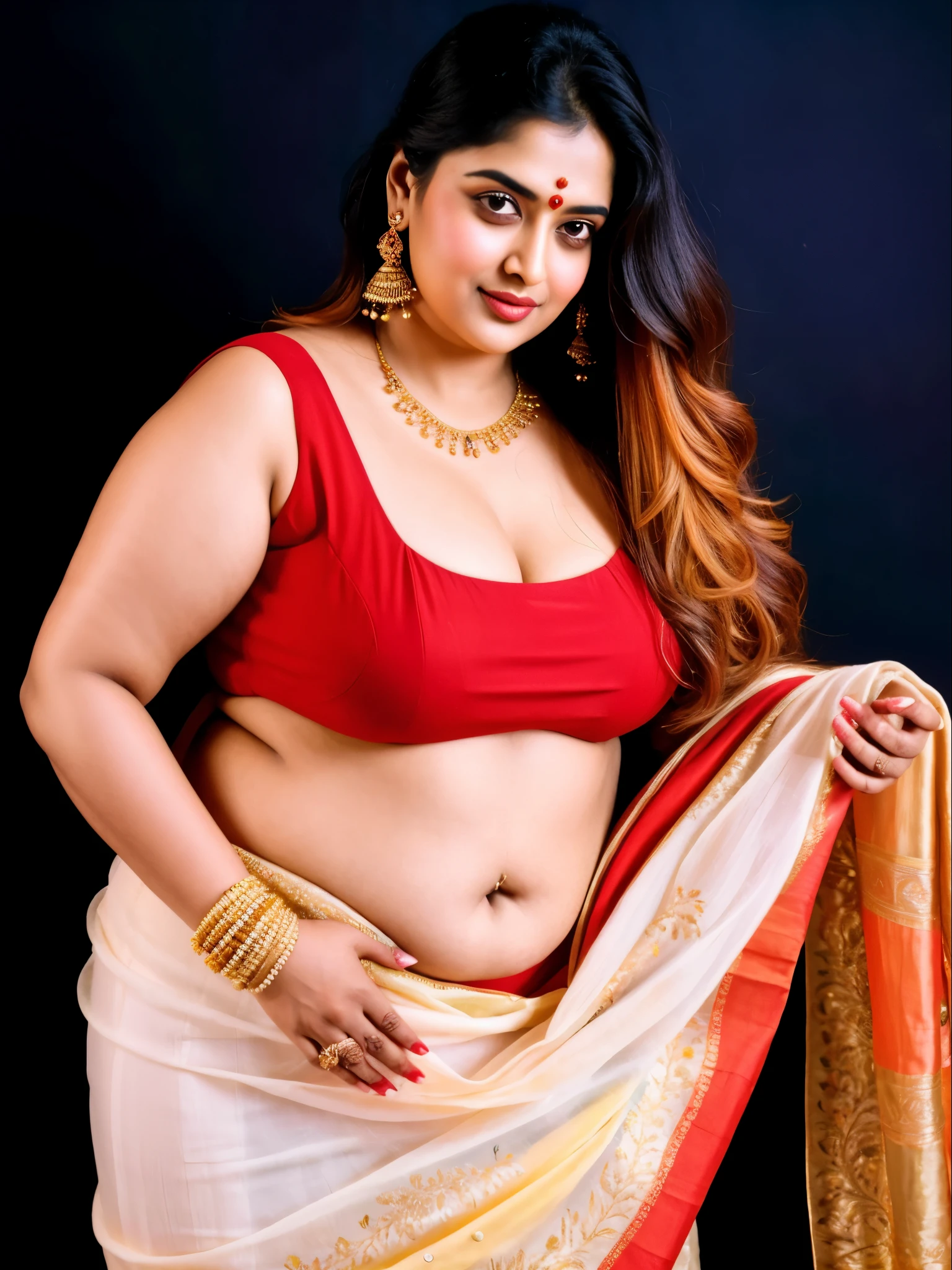 Beautiful painting of a woman in a sari with a necklace and earrings, beautiful thick figure, Thick curvy beauty, looks like Sandeepa Dhar, inspired by Raja Ravi Varma, szukalski ravi varma, portrait of a beautiful goddess, by Raja Ravi Varma, indian goddess, traditional beauty, a stunning portrait of a goddess, inspired by T. K. Padmini, indian art, indian goddess of wealth, portrait of a goddess