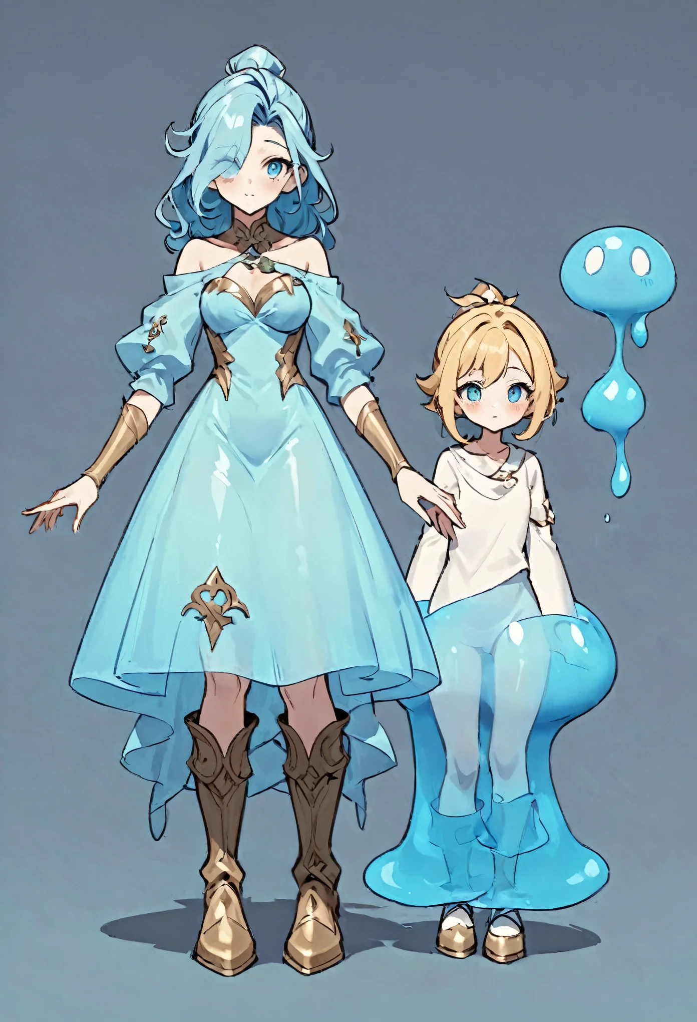slime girl de cor azul celeste com olhos grandes e brilhantes da mesma cor.
Ela tem um corpo gelatinoso e transparente, which allows you to see your internal organs.
Her hair is long and wavy, the same sky blue color., and are usually loose or tied in a ponytail.
Ela usa um vestido simples e leve da mesma cor azul celeste, que deixa seu corpo exposto.
She also wears a pair of tall, transparent boots..