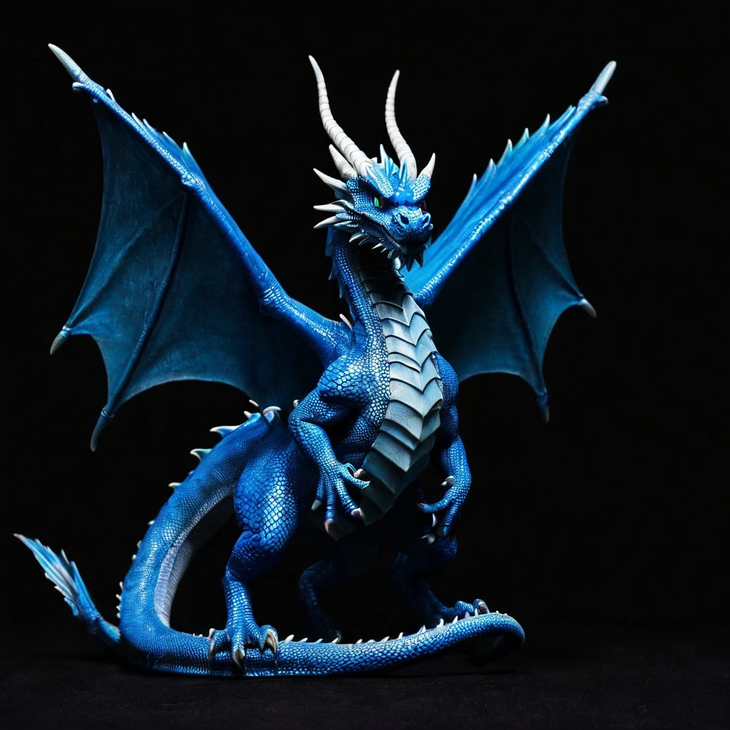 A blue dragon against of solid black background. Front view.
