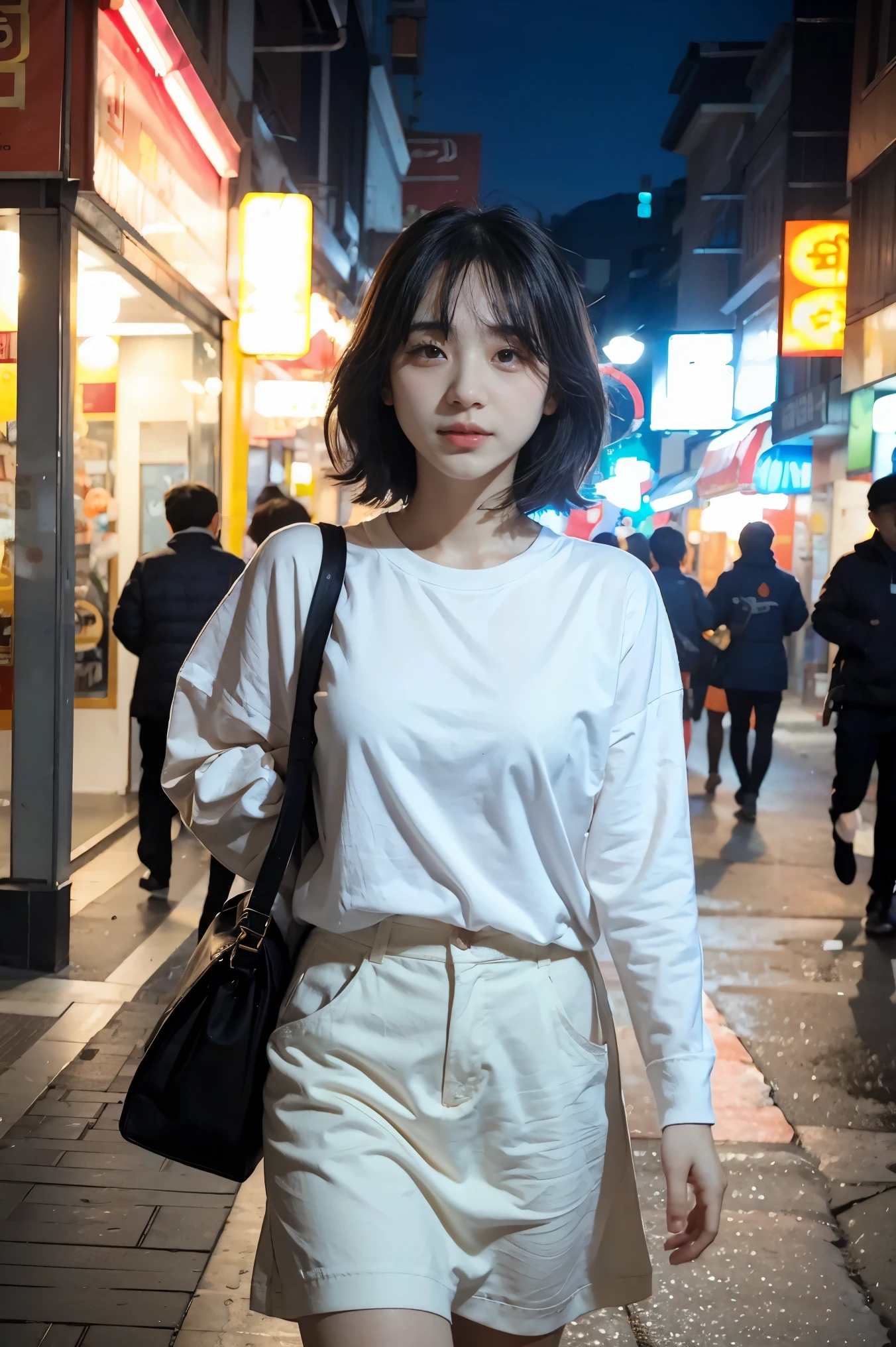 Korea girl walking on the street, cinematic style soft lighting glow effect