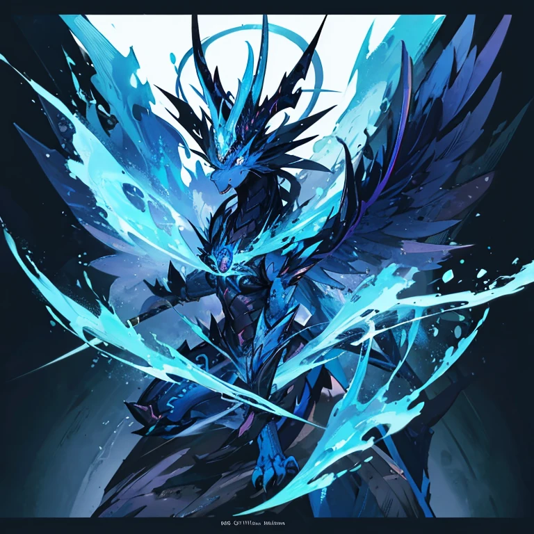 A blue dragon. Front view. Solid black background. Only dragon.