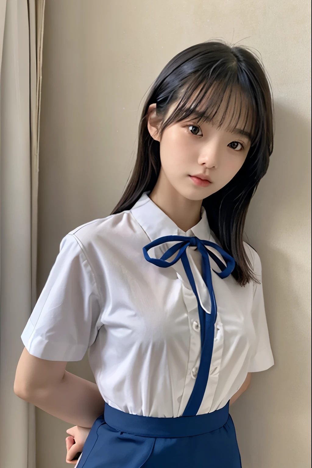A cute girl who has been and tied up、Beauty、Make your eyes even、My hands are tied with ropes、Inside the hotel room、White short-sleeved shirt、Navy blue tanding in front of a wall、Age 25、Medium build、Like real life、highest quality、