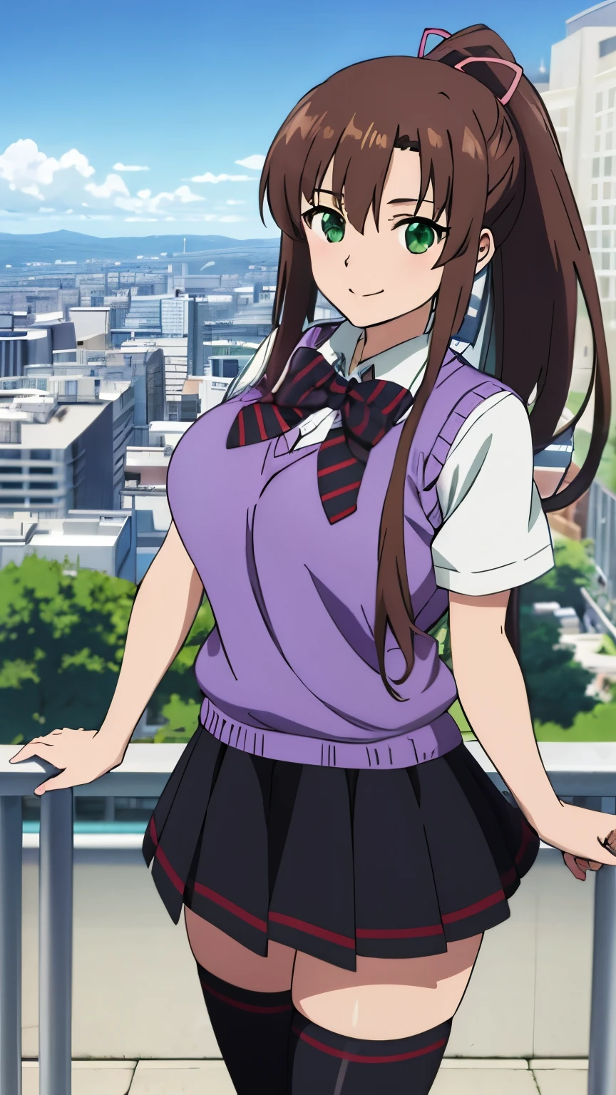 masterpiece, best quality,8k,anime art style, kirasaka sayaka, ponytail, hair ribbon, bowtie, white shirt, purple sweater vest, short sleeves, pleated skirt, black thighhighs, light smile, cityscape, blue sky, looking at viewer, green eyes, (large breasts:0.9),cowboy shot