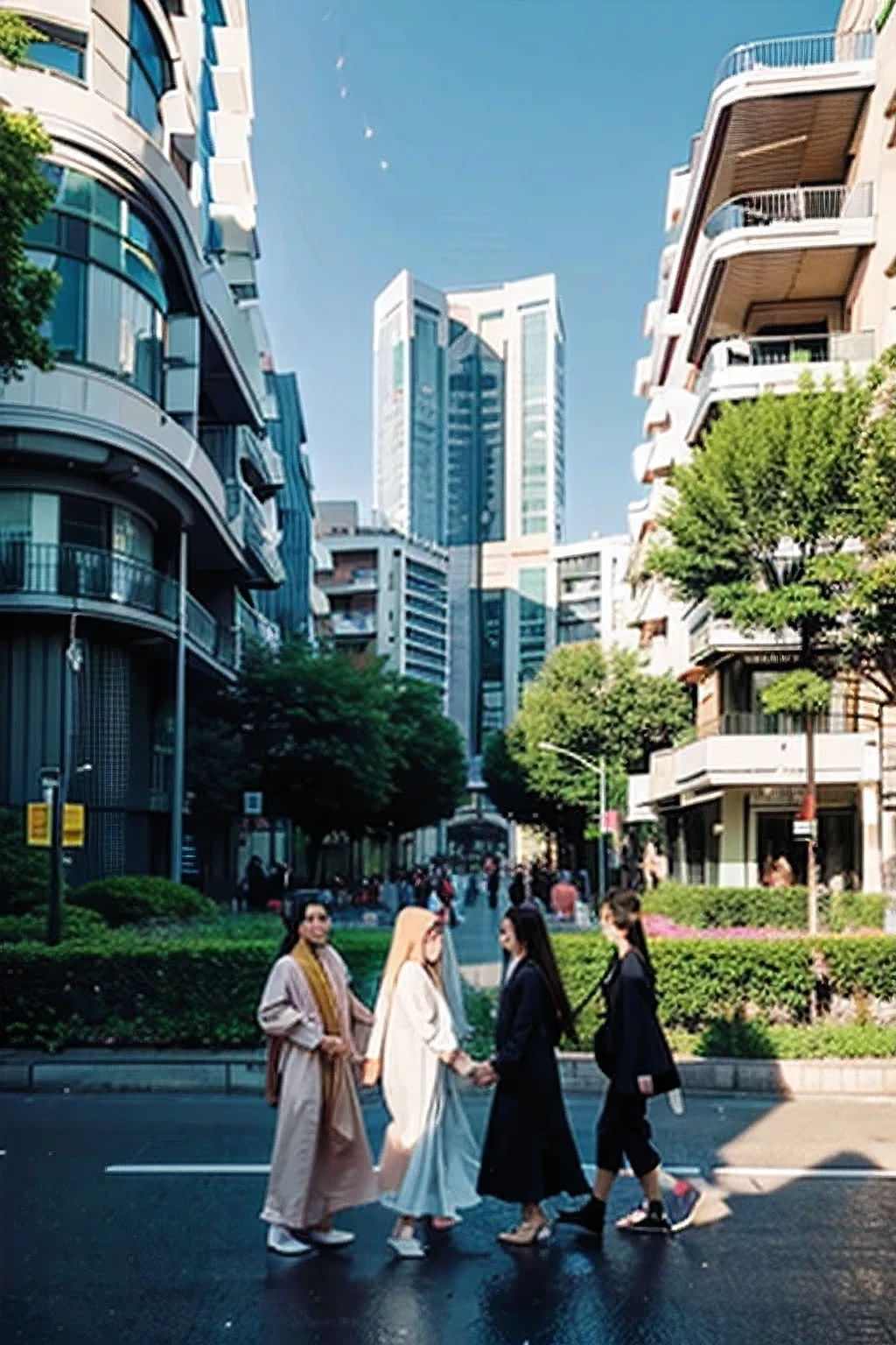 Generate image: futuristic cityscape, a group of arab individuals walking around the streets, people are wearing traditional clothes, The buildings in the city have transparent facades, allowing for stunning views of the floating parks and hydroponic gardens situated between the skyscrapers.
