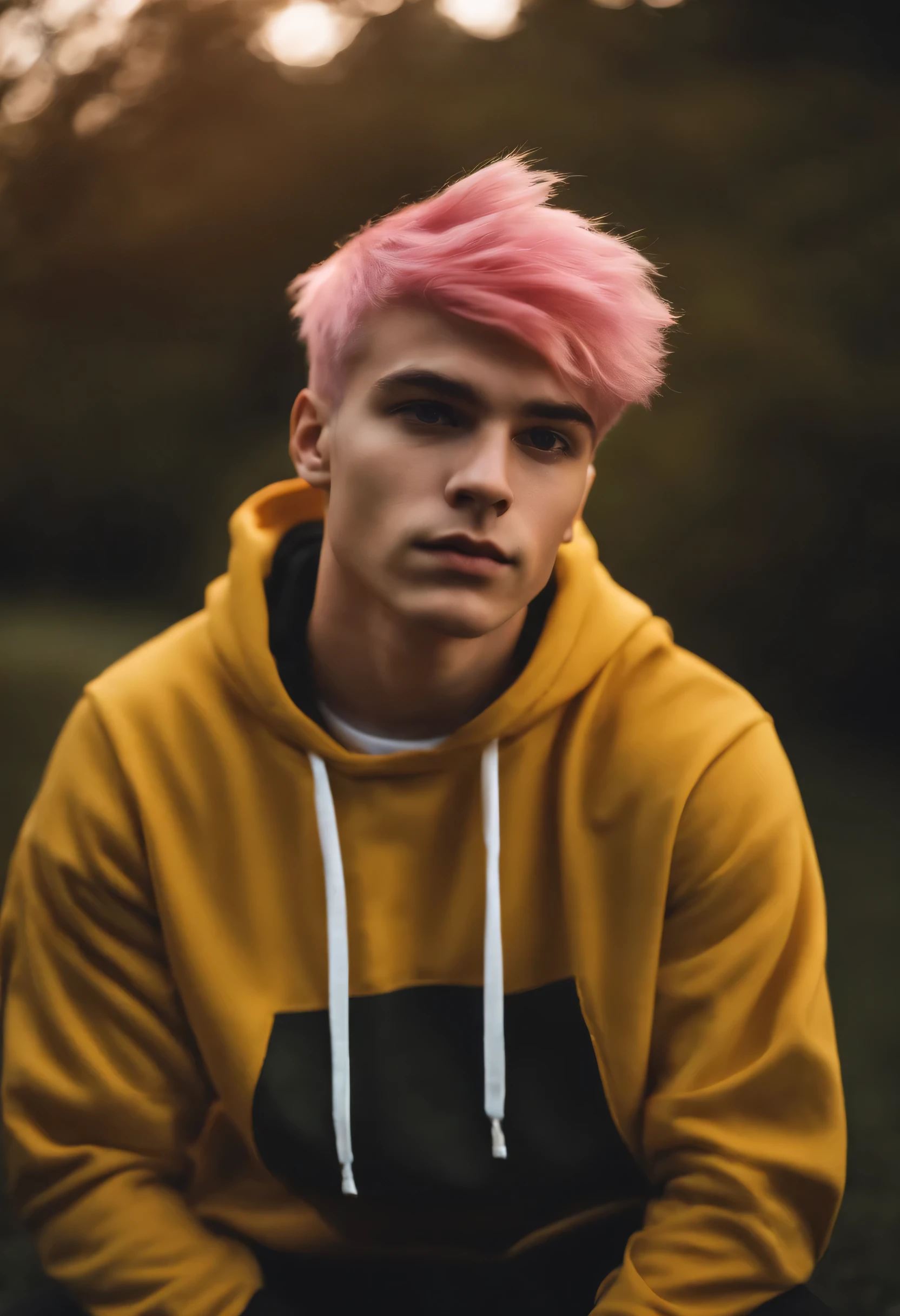 (Realistic style) 1 man, young man, focus alone, adult, young adult face, short pink hair, wavy hair, purple eyes, white sweatshirt casual wear, stroking a black cat sitting on a bench in a park, realistic pose and dynamic Realistic, detailed and correct facial structure