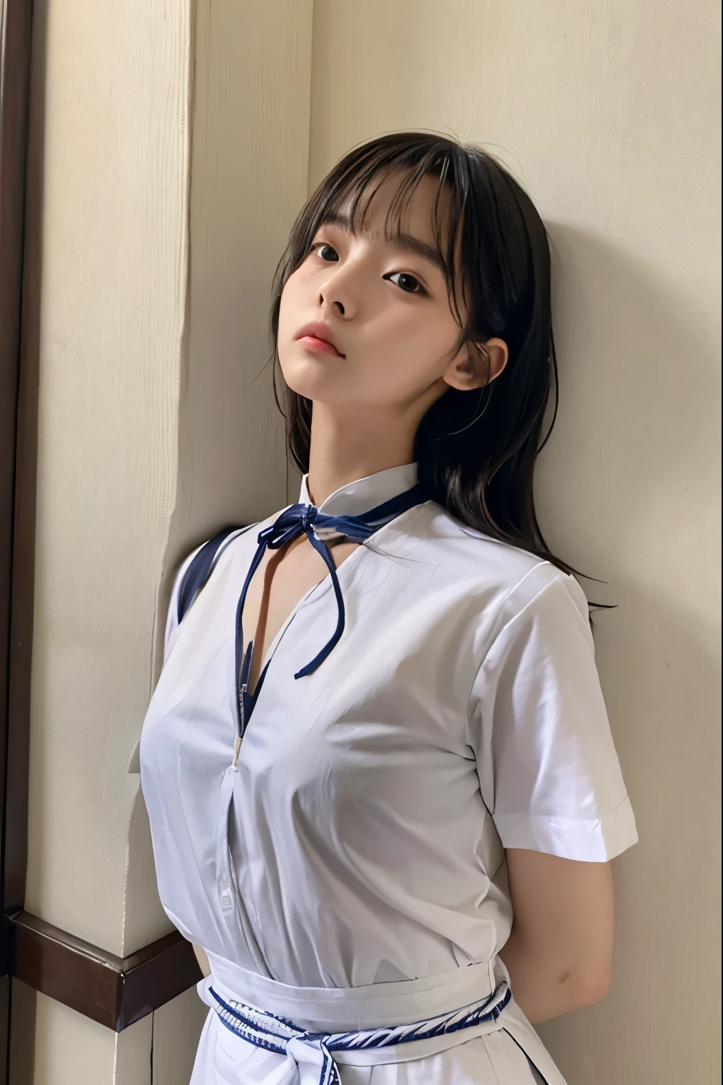 A cute girl who has been and tied up、Beauty、Make your eyes even、My hands are tied with ropes、Inside the hotel room、White short-sleeved shirt、Navy blue tanding in front of a wall、Age 25、Medium build、Like real life、highest quality、