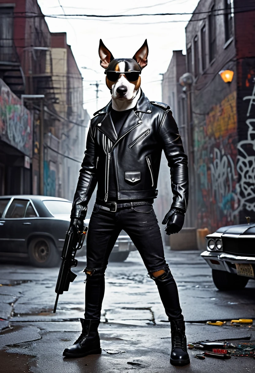 A muscular cartoon bull terrier stands confidently in a dark, dangerous city. He wears a black leather jacket and sunglasses. In his hand he holds a gun. Neben ihm steht eine Chevrolet Chevelle. The background shows a gloomy urban environment with shady alleys, flickering street lamps and graffiti-covered walls