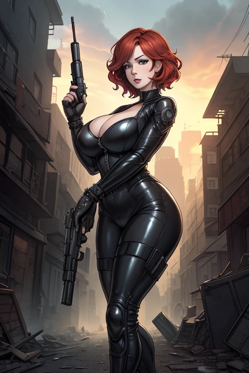 1girl,Christina Hendricks, short red hair, high detail face, 48 years old, cleavage, buxom chested, ((aiming at the viewer with a gun)), black latex suit, two pistols, ((holding a handgun)), (((decent looking gun)))), detailed background, flash, shooting smoke, outdoor, collapsed city, post apocalypse, smoke and fog in the air, collapsed building, broken street, ((square)), beautiful background, falling cartridge case. epic artistic, sharp focus, even lighting, insane details, intricate details, hyperdetailed, rich colors. The 4k textures showcases the utmost level of detail, while the cinematic lighting adds depth and bleakness to the scene.
