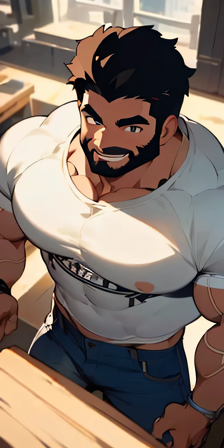 ((Retina)), masterpiece, anatomically correct, textured skin, super detail, high detail, high quality, best quality, highres, 4K, (Detailed Lights, Detailed Shadows), 1 man, Close-up,half body Portrait, (Half Body), Extremely Detailed Clothes, Detailed Skin,"In his 20s", "black pupils","black hair","t-shirt","white t shirt","jeans", man, brown skin, smiling, muscular