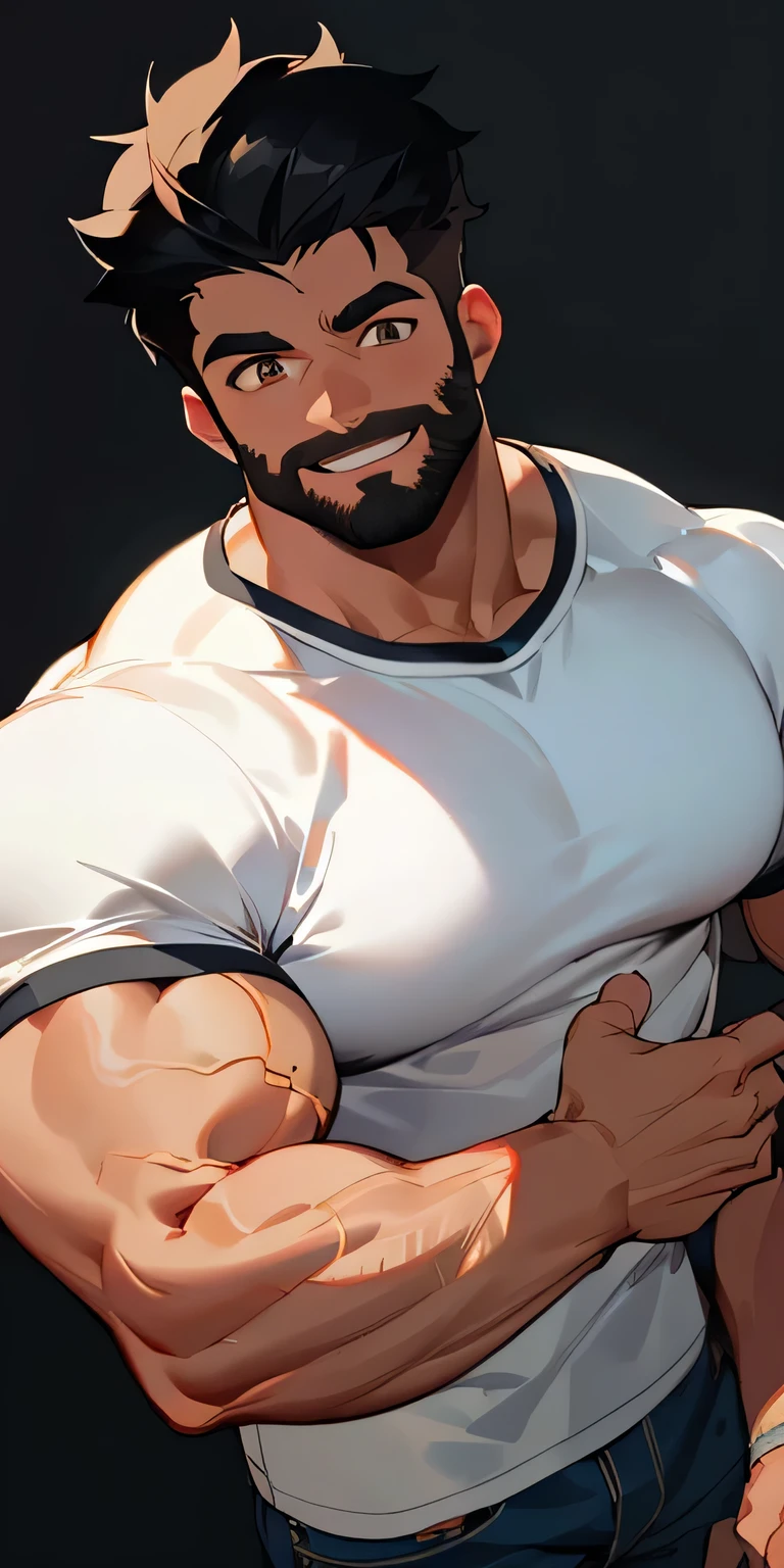 ((Retina)), masterpiece, anatomically correct, textured skin, super detail, high detail, high quality, best quality, highres, 4K, (Detailed Lights, Detailed Shadows), 1 man, Close-up,half body Portrait, (Half Body), Extremely Detailed Clothes, Detailed Skin,"In his 20s", "black pupils","black hair","t-shirt","white t shirt","jeans", man, brown skin, smiling, muscular