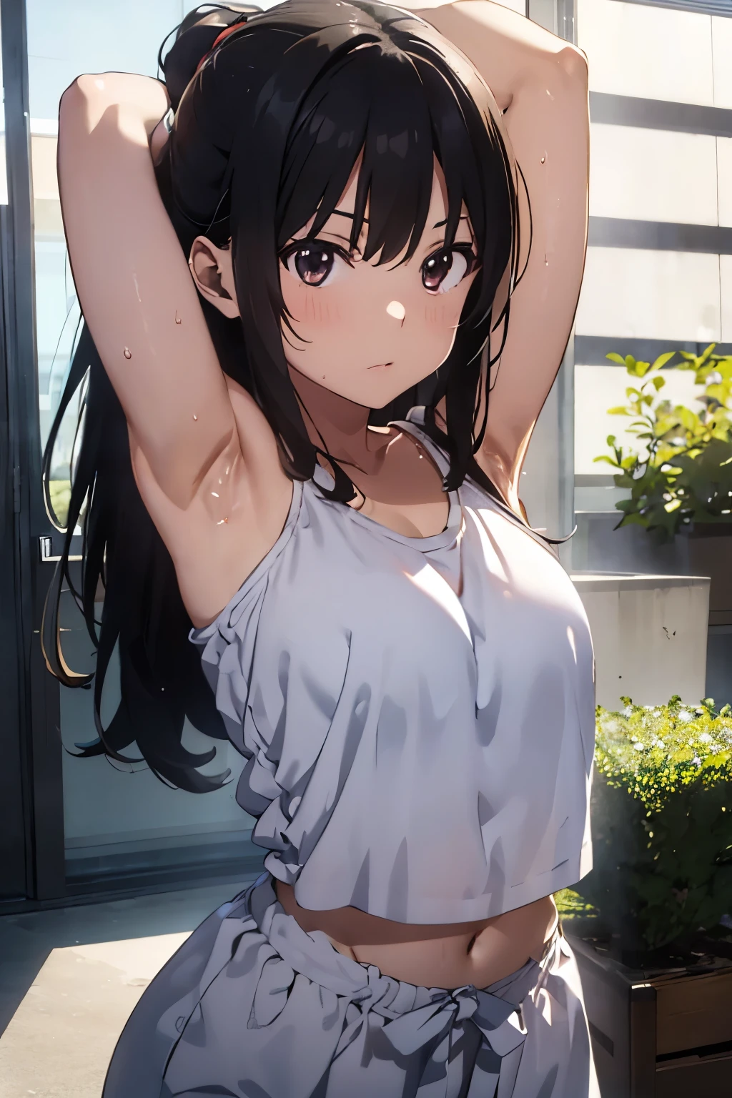 inoue_takina_lycorisrecoil　/　anime,Armpit sweat,Shyness,clear,Long Black Hair,Topless,High exposure,Having my armpits licked,His arms are tied and he is hanging from a rope,Pinching her nipples