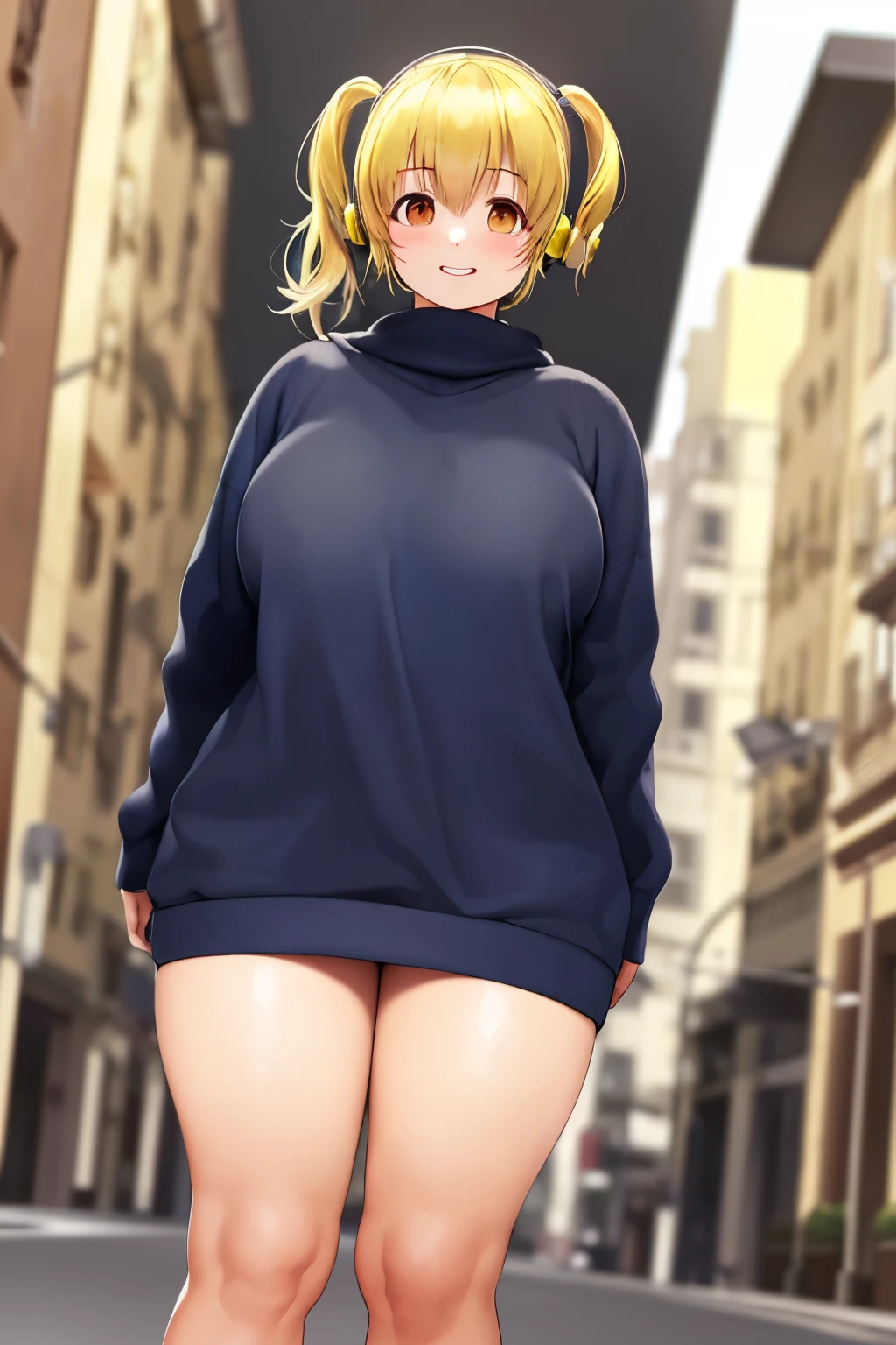 masterpiece, best_quality, 1girl, solo, super pochaco, blonde hair, plump, sweater, city