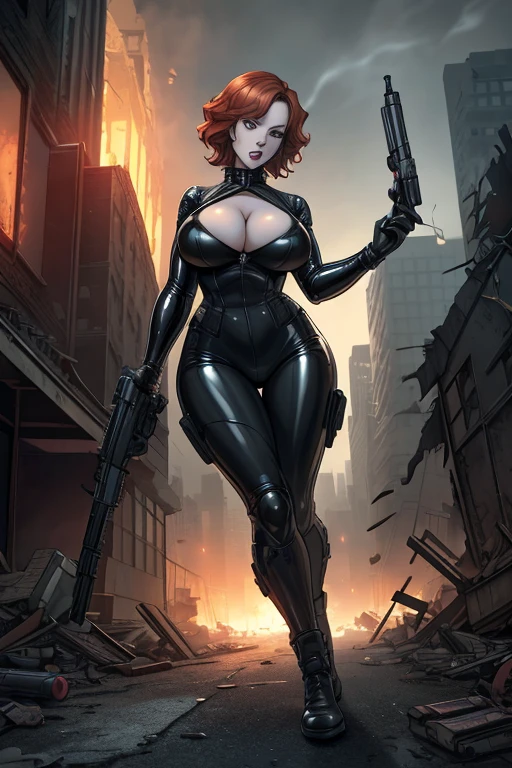 1girl,Christina Hendricks, short red hair, high detail face, 48 years old, cleavage, buxom chested, ((aiming at the viewer with a gun)), black latex suit, two pistols, ((holding a handgun)), (((decent looking gun)))), detailed background, flash, shooting smoke, outdoor, collapsed city, post apocalypse, smoke and fog in the air, collapsed building, broken street, ((square)), beautiful background, falling cartridge case. epic artistic, sharp focus, even lighting, insane details, intricate details, hyperdetailed, rich colors. The 4k textures showcases the utmost level of detail, while the cinematic lighting adds depth and bleakness to the scene.