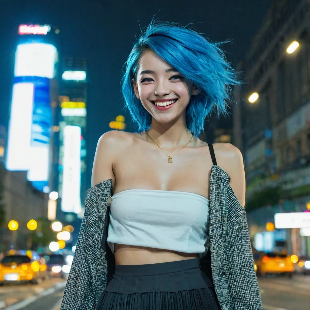 1 topless girl, black_skirt, blue_hair, building, city, cityscape, hair_between_eyes, jacket, looking_at_viewer, medium_hair, multicolored_hair, multiple_boys, night, off_shoulder, outdoors, pleated_skirt, road, shirt, skirt, skyscraper, smile, solo_focus, street, white_shirt