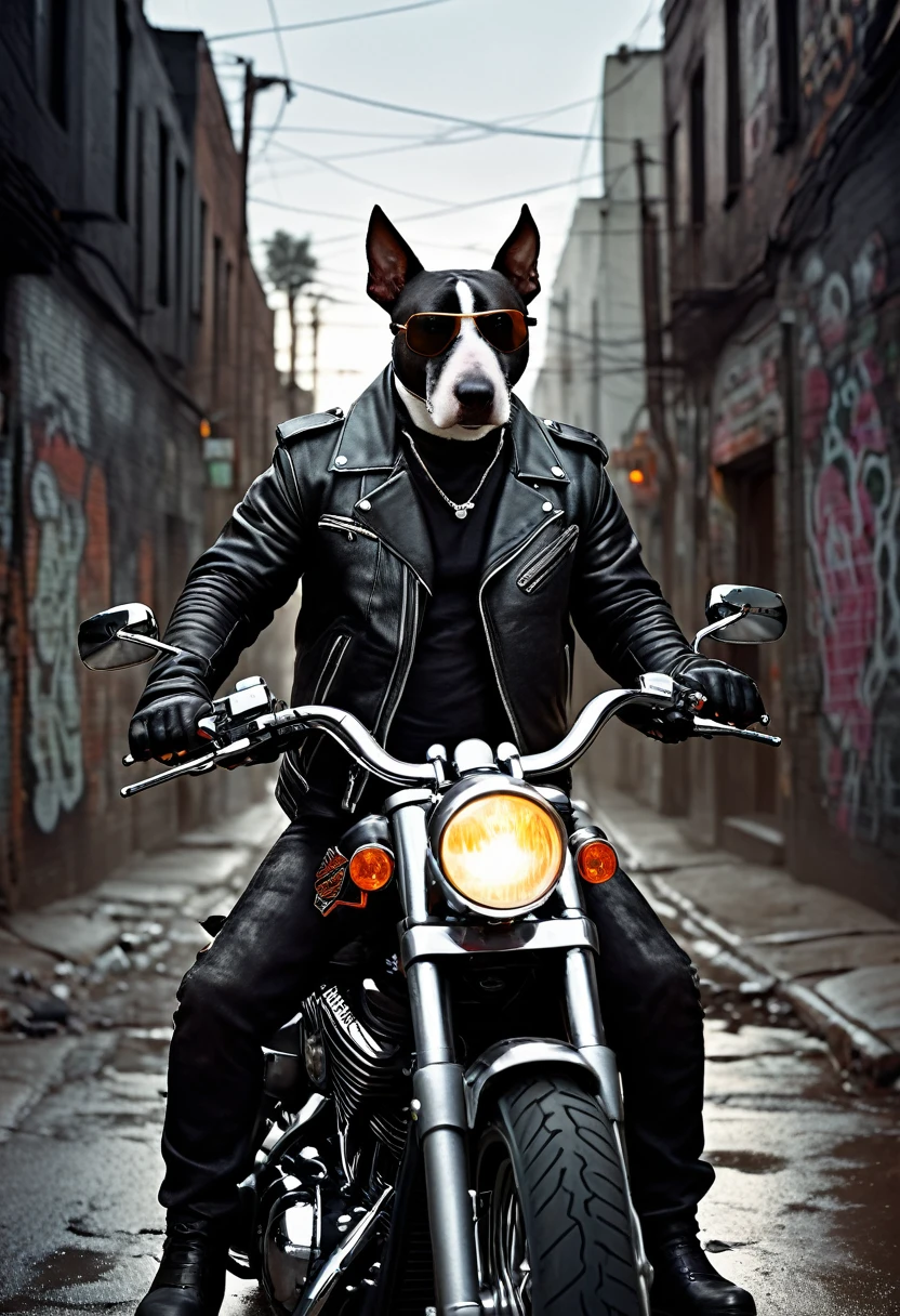 A muscular bull terrier rides through a dark, dangerous city on a Harley-Davidson. He wears a black leather jacket and sunglasses. In his hand he holds a shotgun. The background shows a gloomy urban environment with shady alleys, flickering street lamps and graffiti-covered walls