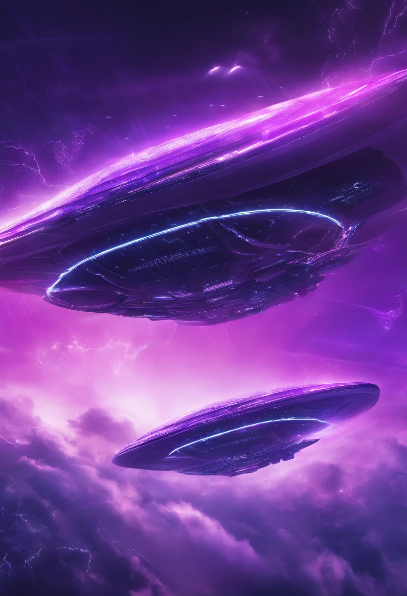 Futuristic alien spaceships flying abovethe clouds, dark sky, purple lighting, rain,lightning, hyper realistic, highly detailed,8k