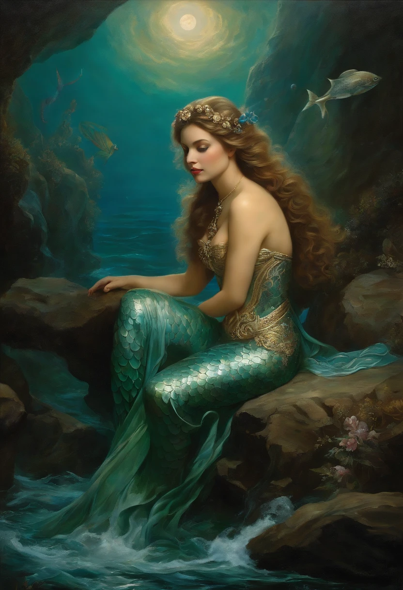 ((baroque painting A beautiful mermaid sitting on a rock at the bottom of the sea)), ((mermaid tail)), sexy and sensual, Seductive love goddess, Lúthien, goddess art, Goddess of Greek mythology, Moon Goddess, Goddess of love and peace, beautiful goddess, Goddess of the waters, An impressive portrait of a Goddess of the sea, in the background sea vegetation, Frank Kelly Freas, Karol Bak Style, ((a beautiful baroque painting, beautiful)), Ultra definition, best quality, 32k ultra, Ultra HD