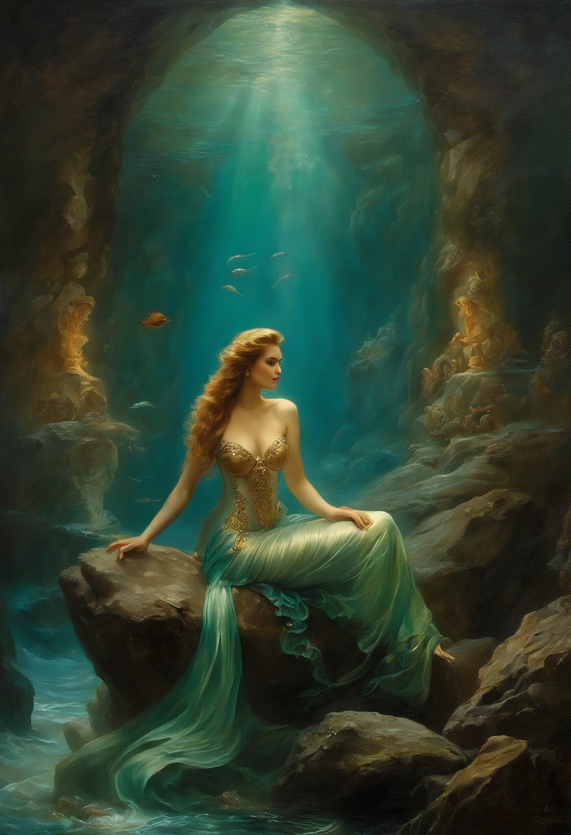 ((baroque painting A beautiful mermaid sitting on a rock at the bottom of the sea)), ((mermaid tail)), sexy and sensual, Seductive love goddess, Lúthien, goddess art, Goddess of Greek mythology, Moon Goddess, Goddess of love and peace, beautiful goddess, Goddess of the waters, An impressive portrait of a Goddess of the sea, in the background sea vegetation, Frank Kelly Freas, Karol Bak Style, ((a beautiful baroque painting, beautiful)), Ultra definition, best quality, 32k ultra, Ultra HD